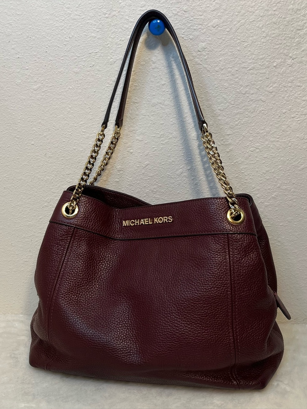 Michael Kors Burgundy Pebbled Leather Shoulder Tote Bag Gold Chain Strap